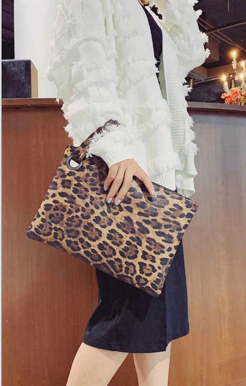 Women's Monogram Oversized Clutch Leopard Cow Animal Print Vegan Leather PU Handheld Wristlet Large Handbag Evening Purse Bag personalize image 1