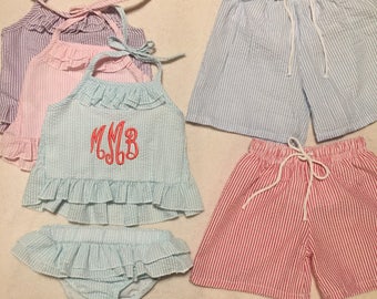 Boys & Girls Monogrammed Seersucker swim bathing suit trunks bikini toddler embroidered boutique swimwear kids pink purple blue navy aqua