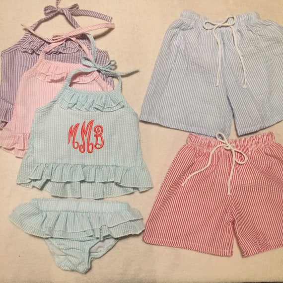 Boys & Girls Monogrammed Seersucker swim bathing suit trunks | Etsy