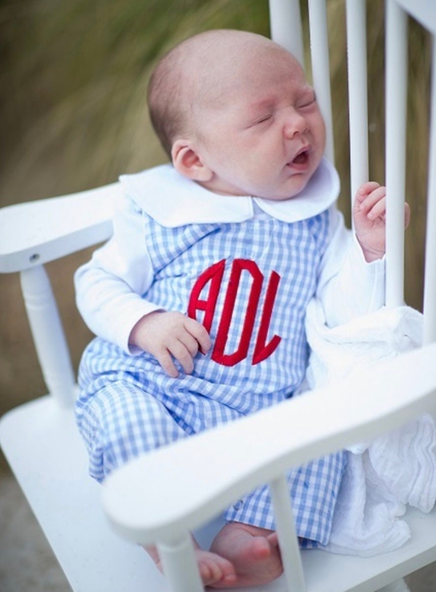 Monogrammed Baby Boy Gingham Bubble Romper, Personalized Newborn Outfit