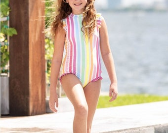 Girls Monogram Rainbow Flutter Sleeve One Piece Swim Suit Personalize Embroider Name Stripe Ruffle Butts matching sibling set sister brother