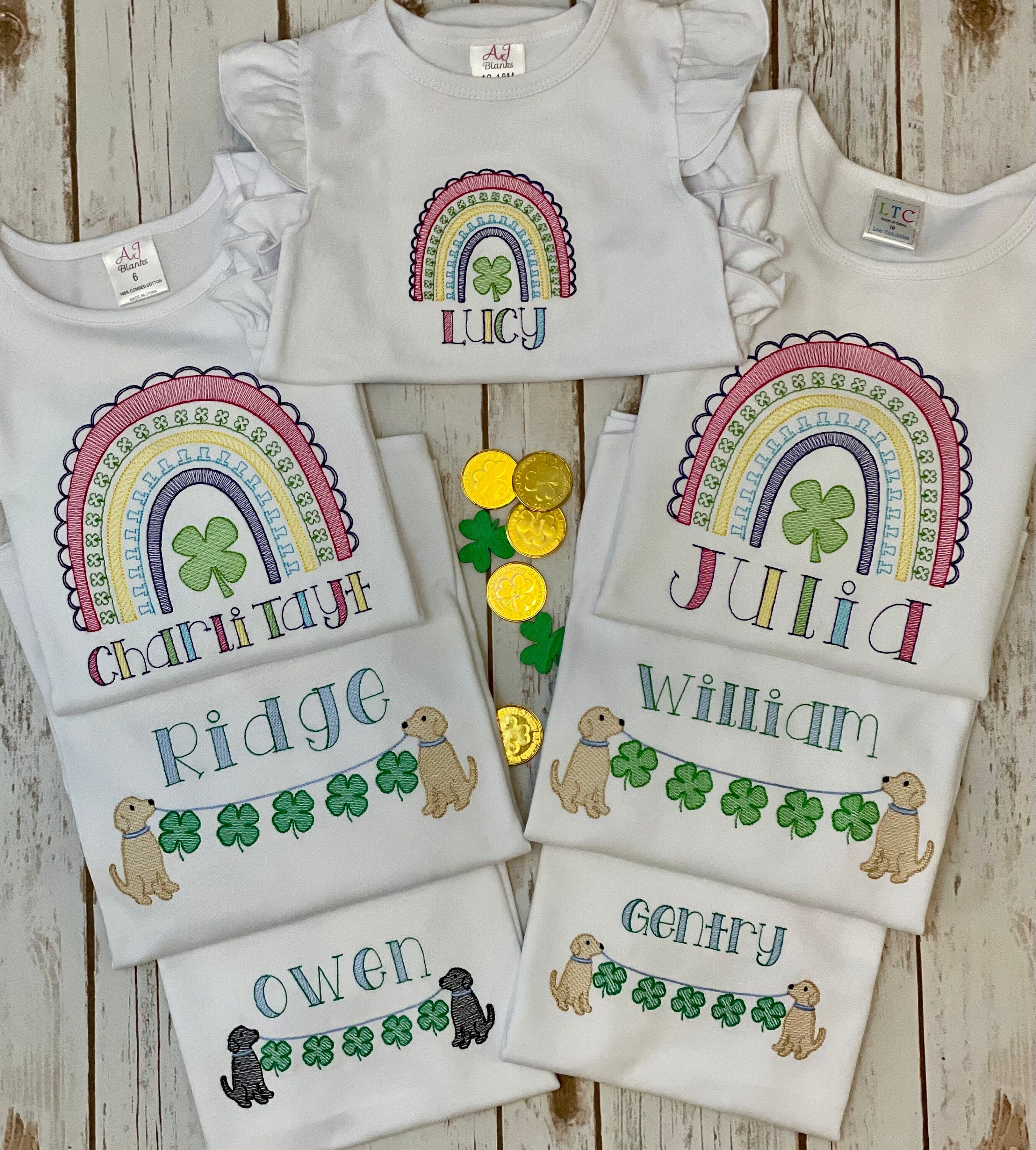 Girls and Boys St. Patrick's Day Clover Rainbow Puppy Dog Lab Banner T shirt ruffle bubble romper dress personalize puff sleeve long short