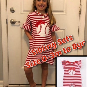 May include: Red and white striped dress with a baseball graphic and a red bow. The dress has a pocket on the side. The dress is available in sizes 0-3 months to 8 years. Sibling sets are available.