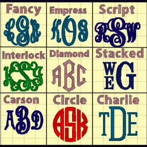 May include: A chart showing nine different monogram styles, including Fancy, Empress, Script, Interlock, Diamond, Stacked, Carson, Circle, and Charlie. Each style is shown with a different set of letters.