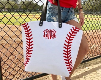 Baseball Mom Monogram Canvas Tote shoulder bag personalize game time sport team gift present red white black season embroidered