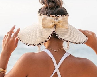 Women&#39;s Monogram Leopard Floppy Straw Wide Brimmed Sun Hat Visor Rill up Beach Pool Lake Garden Travel Personalize embroider Custom gift
