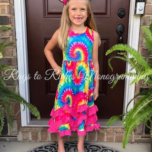 ON SALE This Week Only! Girls Back to School Tie-Dye Ruffle Maxi Dress with Matching Bow Embroider Monogram personalize name Summer Toddler