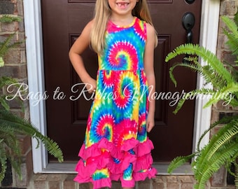 ON SALE This Week Only! Girls Back to School Tie-Dye Ruffle Maxi Dress with Matching Bow Embroider Monogram personalize name Summer Toddler