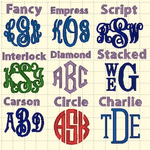 Puede incluir: Nueve dise&ntilde;os de monogramas bordados en varios estilos y colores, incluyendo Fancy, Empress, Script, Interlock, Diamond, Stacked, Carson, Circle y Charlie. Cada dise&ntilde;o presenta iniciales diferentes.
