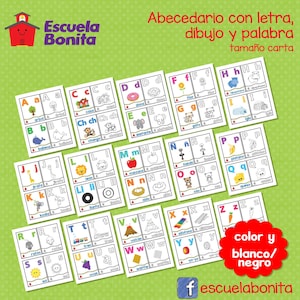 Cartes murales ABC en espagnol / Posters del ABECEDARIO en español con letra, dibujo y palabra (Couleur et BN)
