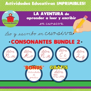 May include: Educational printable activities with the text "CONSONANTES BUNDLE 2." The image features the letters Nn, Rr, Ññ, Cc, and 2g in circles, along with bonus and free practice activities. The background is blue with green and purple borders.