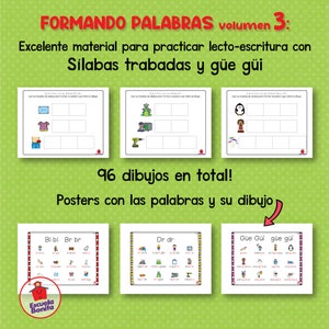 May include: A set of colorful educational posters for children learning Spanish. The posters feature illustrations of various objects and animals, along with the corresponding Spanish words. The posters are titled "Formando Palabras" (Forming Words) and "Volumen 3" (Volume 3).
