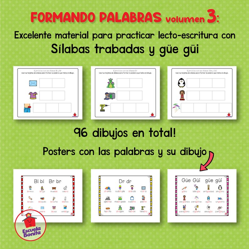 May include: A set of colorful educational posters for children learning Spanish. The posters feature illustrations of various objects and animals, along with the corresponding Spanish words. The posters are titled "Formando Palabras" (Forming Words) and "Volumen 3" (Volume 3).