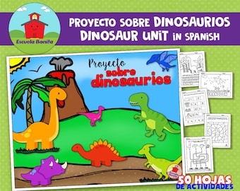 Puede incluir: Una ilustración colorida de dinosaurios en un paisaje verde con un volcán. El texto "Proyecto sobre dinosaurios" está en rojo y blanco. El texto "Dinosaur Unit in Spanish" está en rojo y blanco. El texto "Escuela Bonita" está en rojo y blanco. El texto "50 hojas de actividades" está en rojo y blanco.