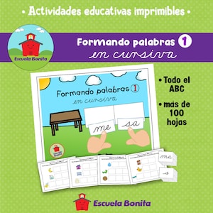 May include: A colourful printable worksheet for children to practise forming words in cursive. The worksheet features a table with two blank spaces, and two cards with the words "me" and "sa" written in cursive. The worksheet also includes a title that says "Formando palabras 1 en cursiva" and a logo for "Escuela Bonita".