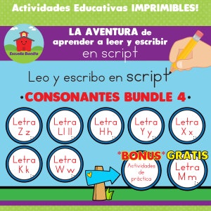 Może przedstawiać: Drukowana karta pracy w kolorze niebieskim i zielonym z tytułem "La Aventura de aprender a leer y escribir en script" i tekstem "Consonantes Bundle 4." Karta pracy zawiera szereg kolorowych kółek z literami alfabetu hiszpańskiego.