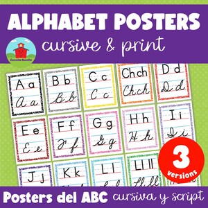 Puede incluir: Pósteres del alfabeto con letras cursivas y de imprenta. Cada póster muestra una letra en mayúscula y minúscula. Los pósteres son de varios colores e incluyen el texto "Escuela Bonita" y "3 versions".