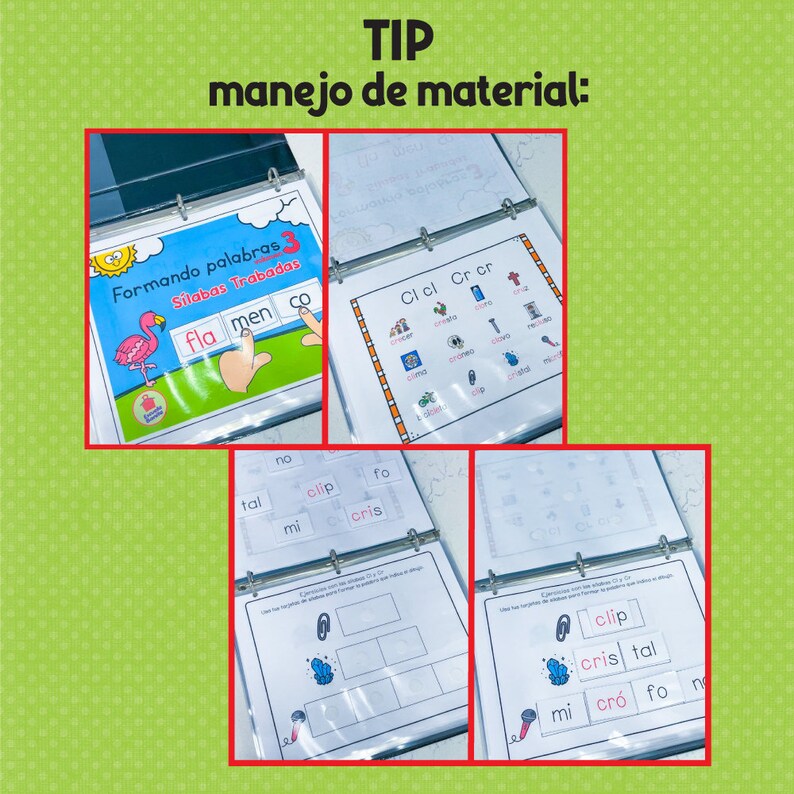 May include: A binder with clear plastic sleeves containing educational materials for learning Spanish syllables. The pages feature colorful illustrations and the words "Formando palabras 3" (Forming words 3) and "Silabas Trabadas" (Syllables Worked).