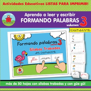 May include: A colourful educational worksheet for learning Spanish. The worksheet features a cartoon sun, a pink flamingo, and three boxes with the words "fla", "men", and "co" written in cursive. The title of the worksheet is "Formando palabras 3" and the text "Sílabas Trabadas en cursiva" is also included. The worksheet is designed to help children learn to read and write Spanish words.