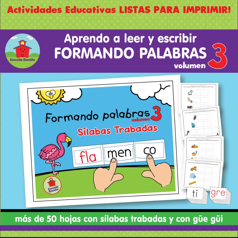 May include: A colorful educational worksheet for learning Spanish. The worksheet features a flamingo and three boxes with the syllables "fla", "men", and "co". The title of the worksheet is "Formando palabras 3" which translates to "Forming words 3".