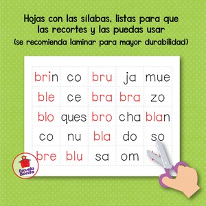 May include: A printable worksheet with a grid of squares containing Spanish syllables. The syllables are printed in red and black. The words are: brin, co, bru, ja, mue, ble, ce, bra, bra, zo, blo, ques, bro, cha, blan, co, nu, bla, do, so, bre, blu, sa, om. The worksheet is titled "Hojas con las s&iacute;labas, listas para que las recortes y las puedas usar (se recomienda laminar para mayor durabilidad)".
