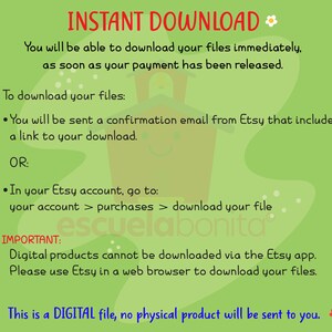 May include: Green and white text on a green background with white polka dots. The text reads "INSTANT DOWNLOAD" with a small flower icon. The text below reads "You will be able to download your files immediately, as soon as your payment has been released."  The text below that reads "To download your files:" with a small red heart icon. The text below that reads "&bull; You will be sent a confirmation email from Etsy that includes a link to your download. OR: &bull; In your Etsy account, go to: your account > purchases > download your file" with a smiley face icon. The text below that reads "IMPORTANT: Digital products cannot be downloaded via the Etsy app. Please use Etsy in a web browser to download your files." The text below that reads "This is a DIGITAL file, no physical product will be sent to you." with a small flower icon.
