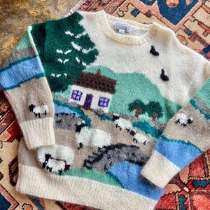 80’s Samantha Taylor Wool Mohair Knit Sheep Farm Scenic Sweater Chadwicks Boston Kawaii Vintage Pastoral Cottage Cute