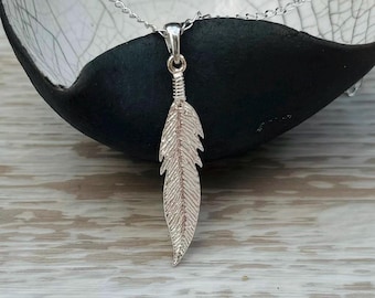 Long Feather Pendant Necklace in Sterling Silver, feather necklace, silver feather, feather pendant, single feather