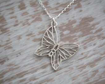 Butterfly Pendant Necklace in Sterling Silver, double-sided silver butterfly pendant