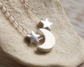 Waxing Crescent Moon and Stars Pendant Necklace in Sterling Silver, Gift for Her - Best Friend, Sister, Girlfriend, Daughter, Niece, Child