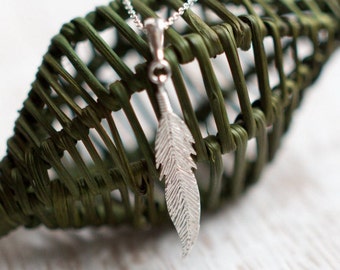 Long Feather Pendant Necklace in Sterling Silver, feather necklace, silver feather, feather pendant, single feather