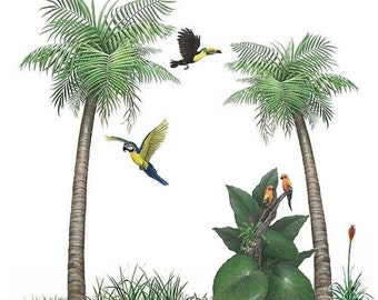 Palm Tree Tropical Bird Murals Collection Wall Decal Stickers (8 feet wide x 8 feet tall)