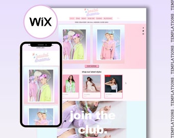 May include: A website homepage for a clothing brand called "pastel dreams". The website features a pink and blue color scheme with images of models wearing pastel-colored clothing. The website also includes a call to action to "join the club".