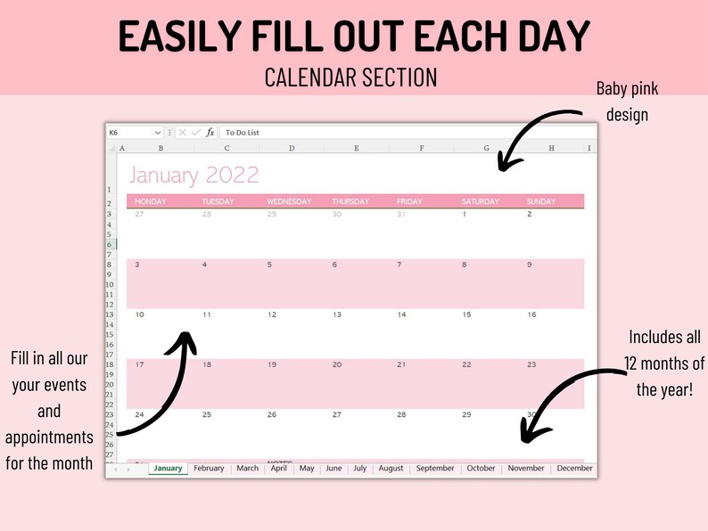 Monthly Planner Excel Spreadsheet Digital Organise Your Etsy