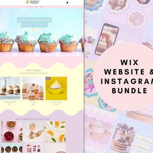 May include: A pink and blue website and Instagram bundle for a cupcake bakery. The image features a website mockup with a pink and yellow color scheme and a variety of cupcakes. The text "WIX WEBSITE & INSTAGRAM BUNDLE" is displayed in a large circle on a pink background.