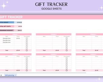 Gift Tracker Google Sheets Spreadsheet, Pink, Track your birthday and christmas gifts, simple spreadsheet for presents
