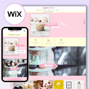 May include: A website for a bakery called "Sugar Sugar" with a pink and yellow colour scheme. The website features images of cupcakes and the text "sweet bakes" and "for all occasions".