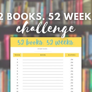 Book challenge for book lovers, kids and adults | 52 books in 52 weeks | Printable and Fillable PDF | Reading worksheet, reading journal
