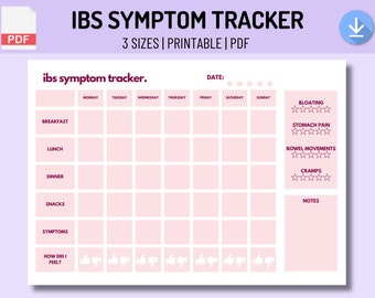 IBS Symptom Tracker Food Journal | Printable PDF | Food Diary | Intolerance FODMAP diet, track food, diet log, digital meal planner [Pink]