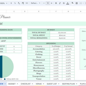 Hochzeitsplaner Google Sheets Spreadsheet | Grünes Design | Planen Sie Ihre Hochzeit mit diesem digitalen all in one Template