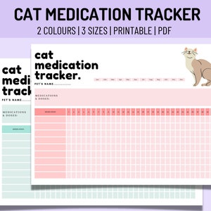 Op de afbeelding: Printbare kattenmedicijn tracker in roze en groen met een kattenillustratie. De tracker heeft ruimte voor de naam van het huisdier, medicijnen en doseringen. Hij bevat een kalenderrooster om de toediening van medicijnen bij te houden.