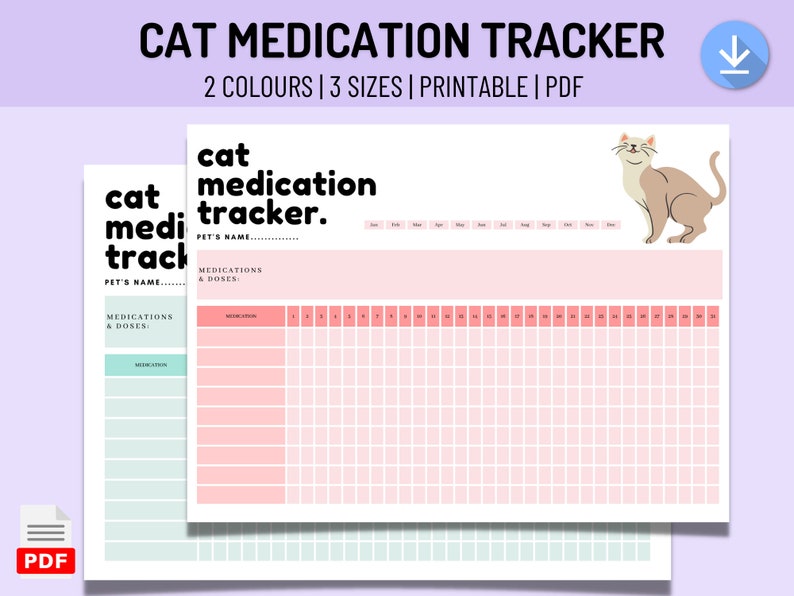 Pet Cat Medication Tracker Printable PDF Kitten Pill Organizer Medicine