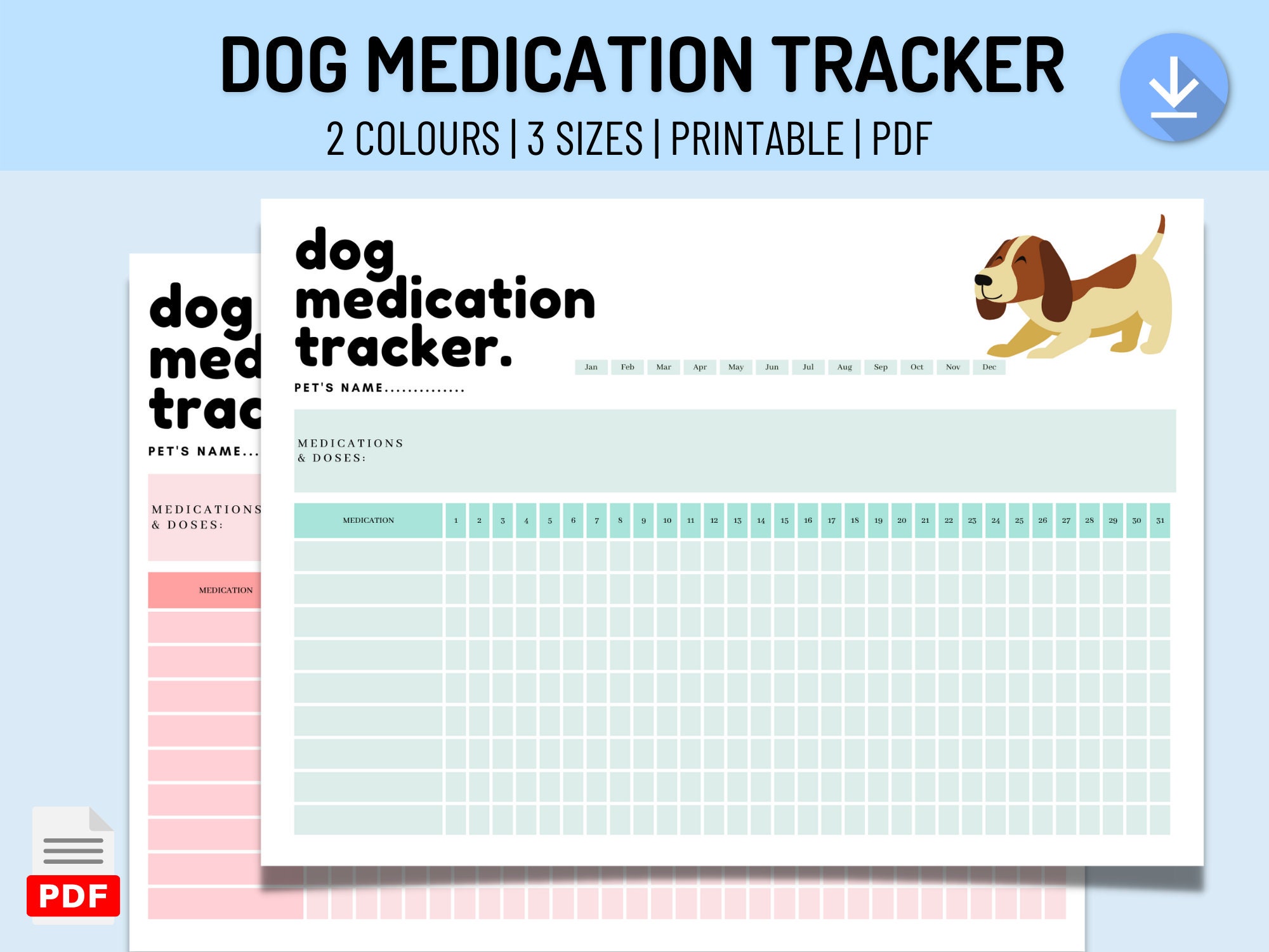 Pet Dog Medication Tracker Printable PDF Puppy Pill Organizer Medicine