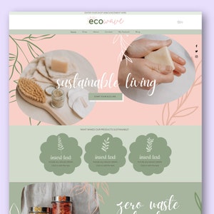 Puede incluir: Página de inicio de un sitio web para una empresa llamada "ecowave" que vende productos de vida sostenible. El sitio web presenta un fondo rosa con hojas verdes y el texto "sustainable living". Hay tres círculos verdes con el texto "insert text" en cada uno. El sitio web también presenta una foto de una persona lavándose las manos con una pastilla de jabón.