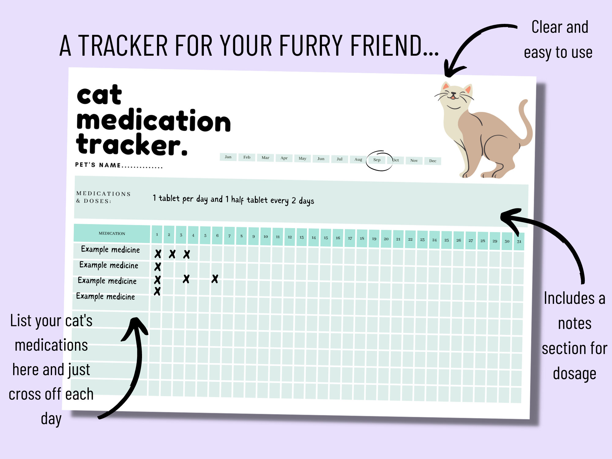 Pet Cat Medication Tracker Printable PDF Kitten Pill Organizer Medicine