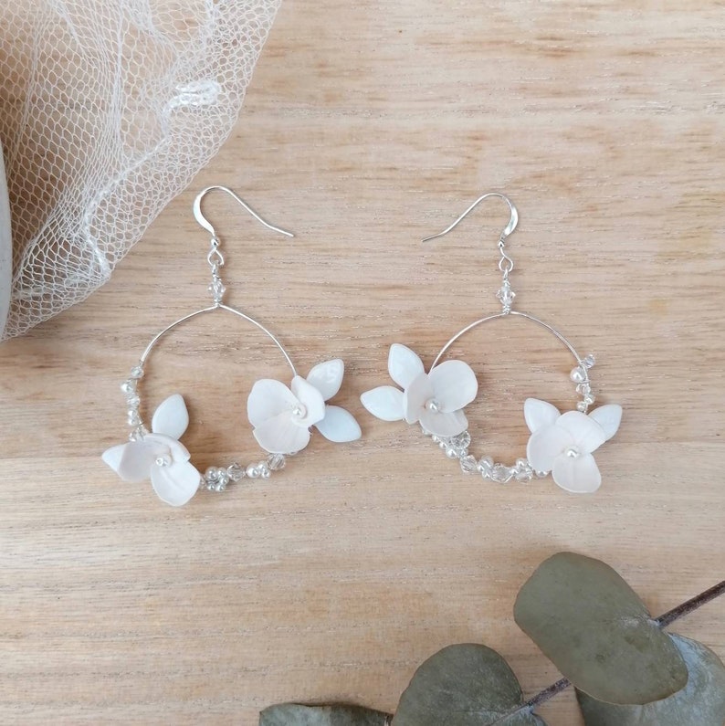 Big Hoops White Flower Earrings Wedding Earrings White Bridal Hoops Flower Hoop Earrings White Floral Earrings Sterling Silver Hoops