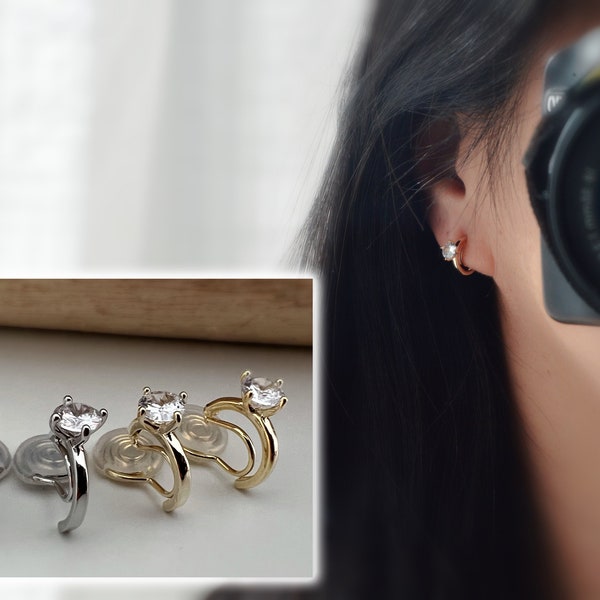 PAINLESS ! CLIPS U earrings spiral Semicircle Stone Round Zircon gold plated. Comfortable ear clips Ready to gift