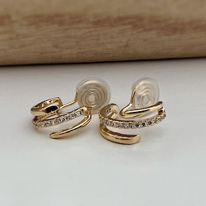 PAINLESS CLIPS U spiral earrings Triple circles zircon hoops. Comfortable Delicate 18K Gold Plated Ear Clips image 2