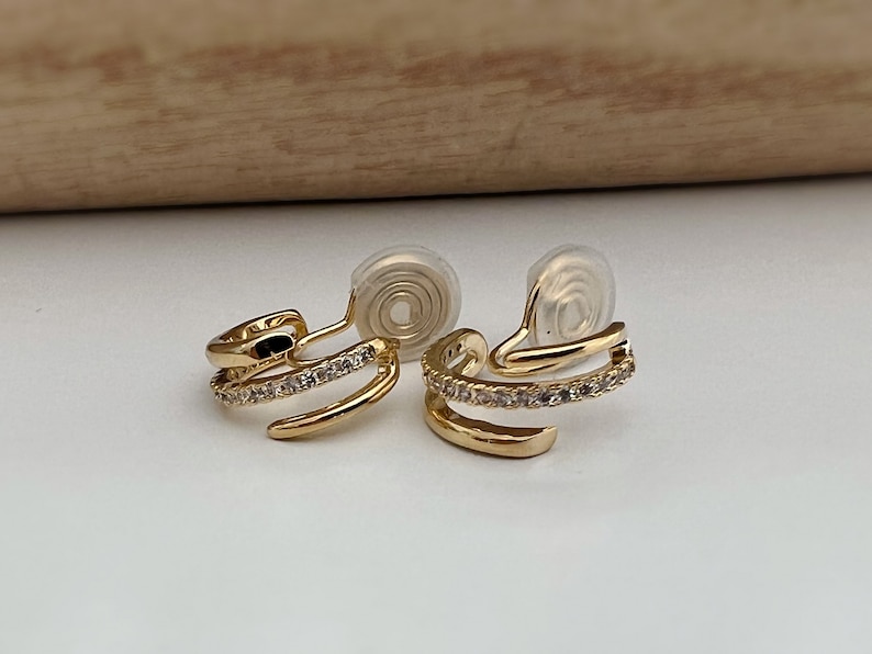 PAINLESS CLIPS U spiral earrings Triple circles zircon hoops. Comfortable Delicate 18K Gold Plated Ear Clips image 2