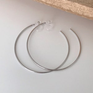 Large fine hoops. INVISIBLE Clip Earrings, Silver / Gold Hoops. Comfortable ear clips. image 6